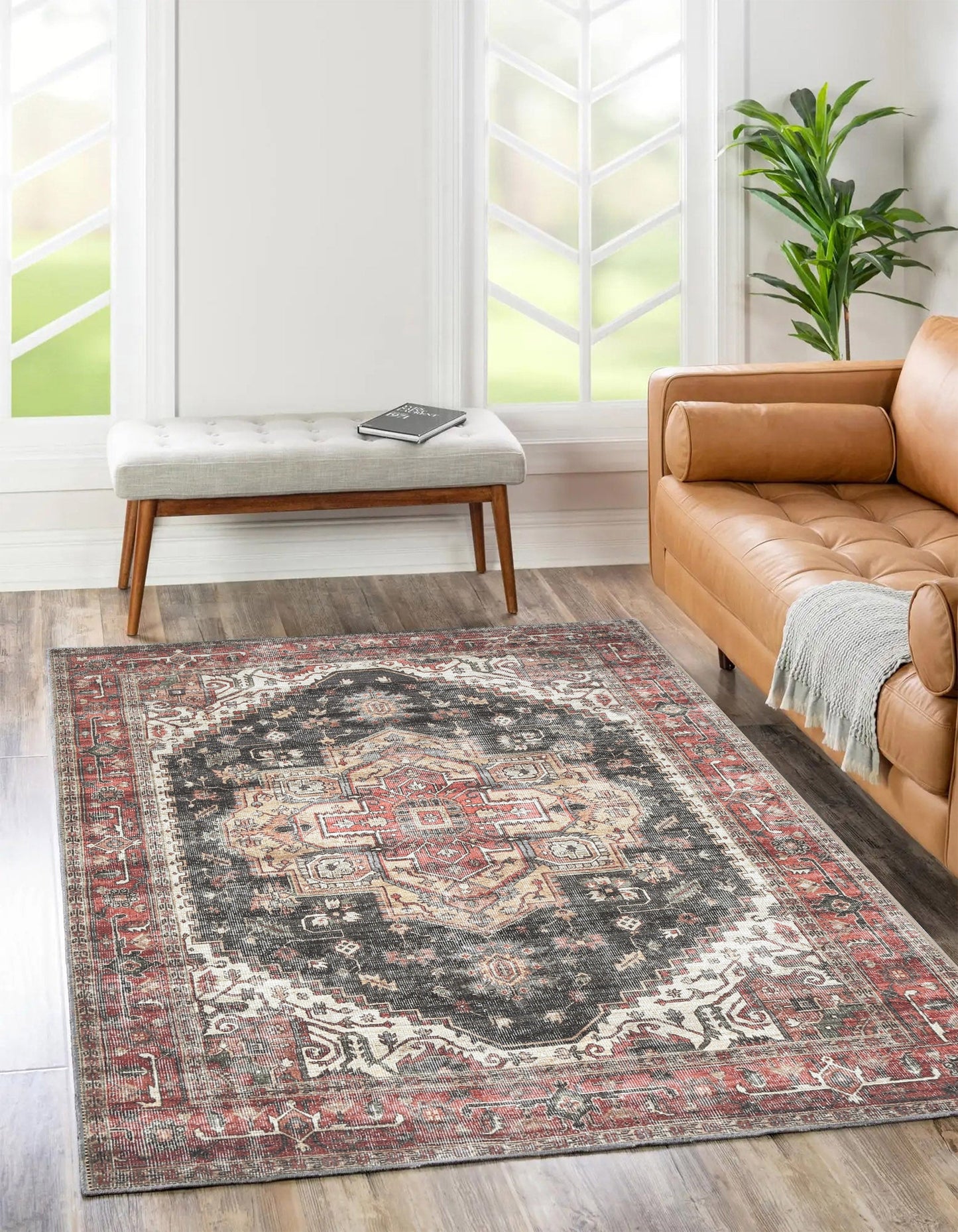 Juana Classic Design Machine Washable in Red & Black Rug