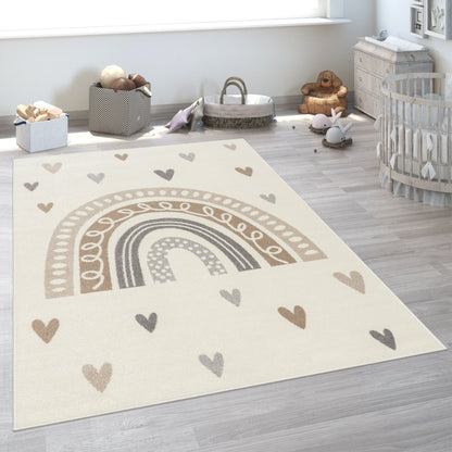 Kids Rug Nino with Rainbow and Hearts for Nursery in Beige Brown