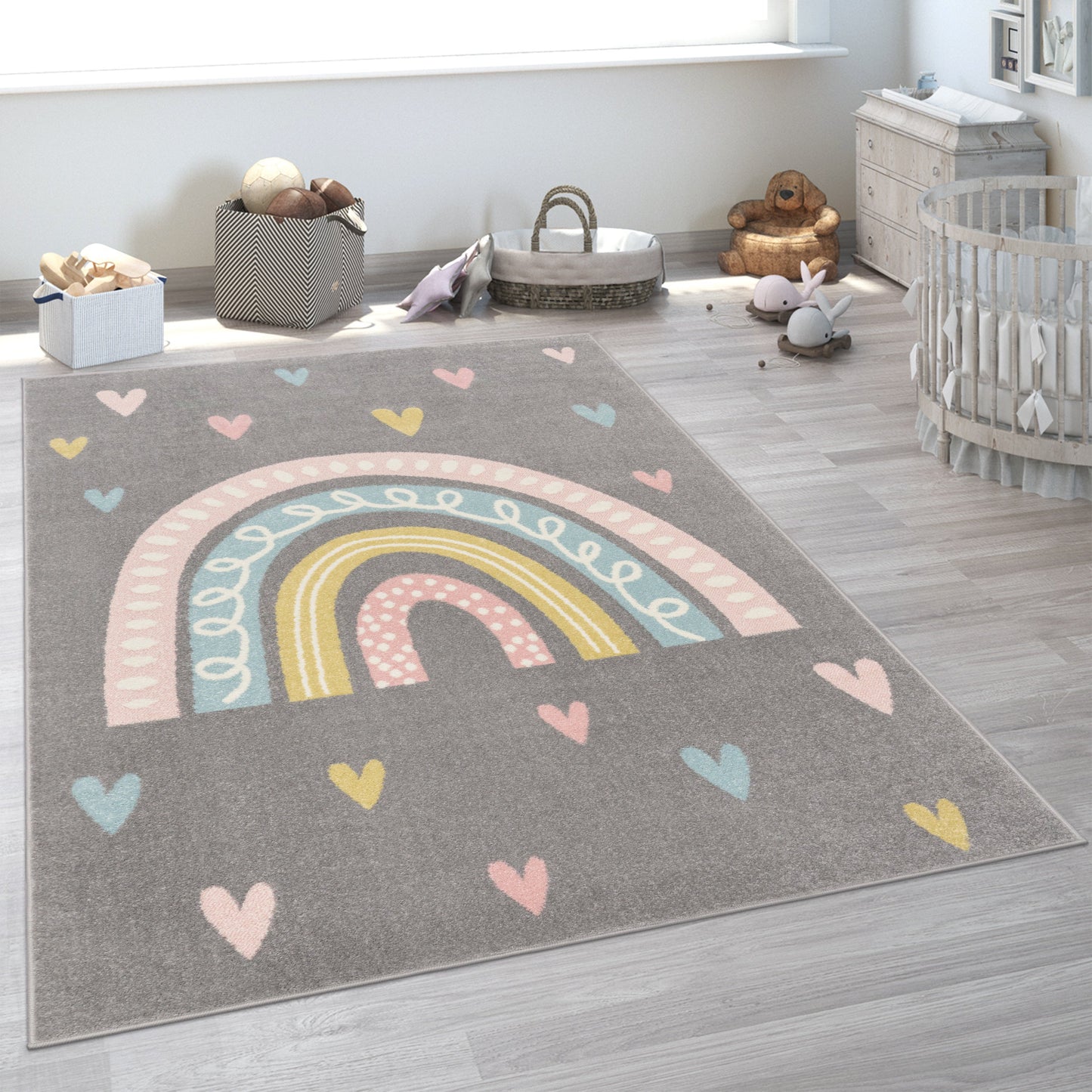 Kids Rug Nino with Rainbow and Hearts for Nursery in Grey