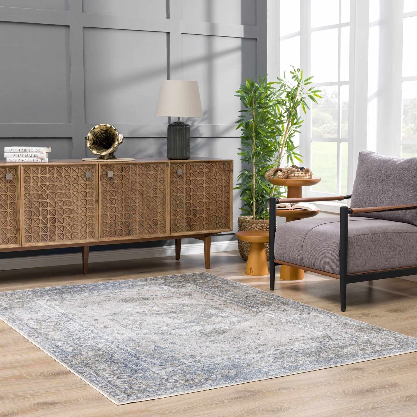 Gael Blue Flat Pile Washable Rug