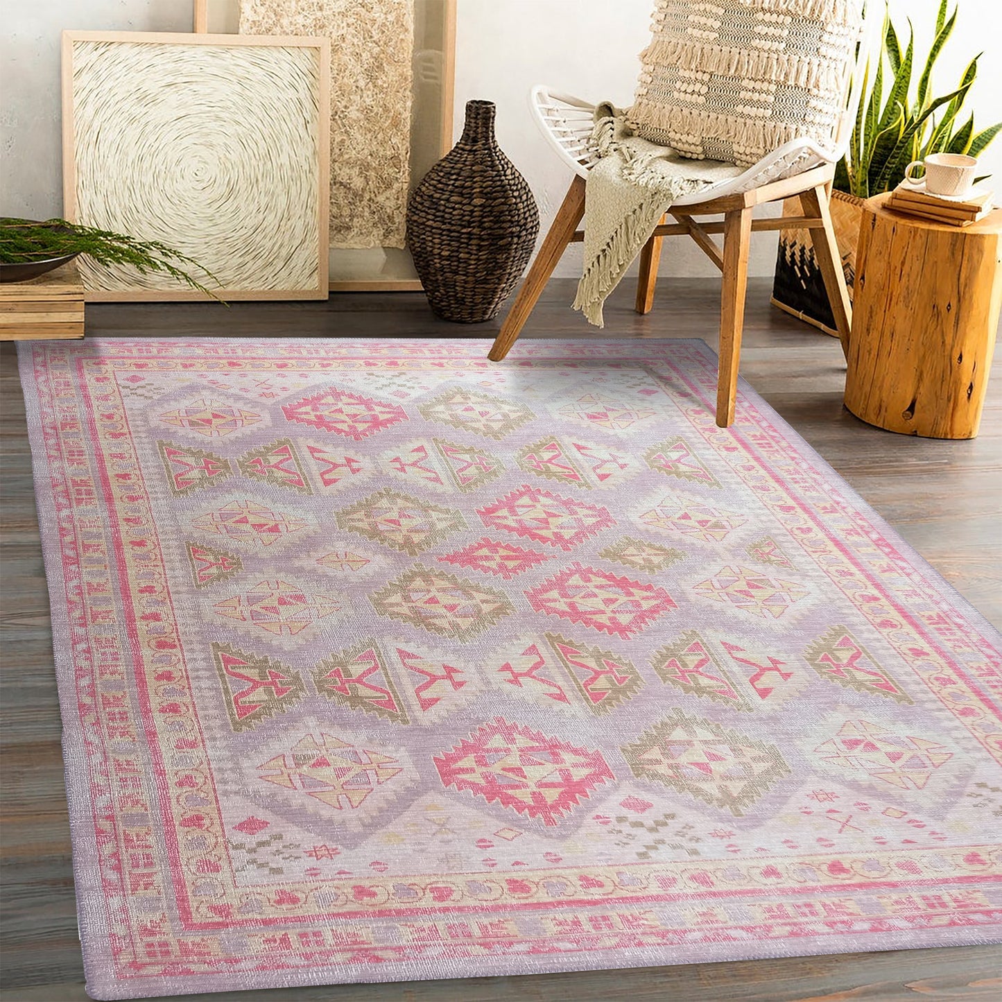 Lilac Purple Pink Herki Vintage Rug