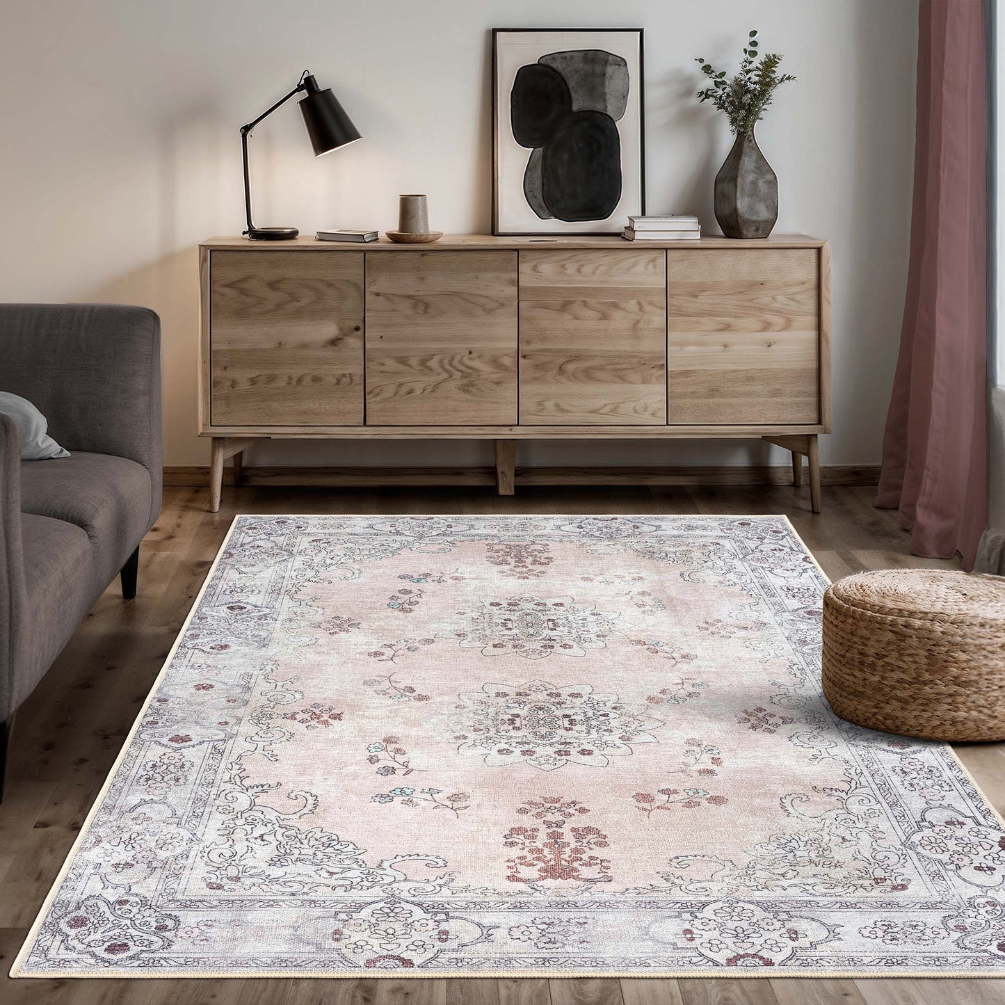 Lite Pink Oushak Area Washable Rug