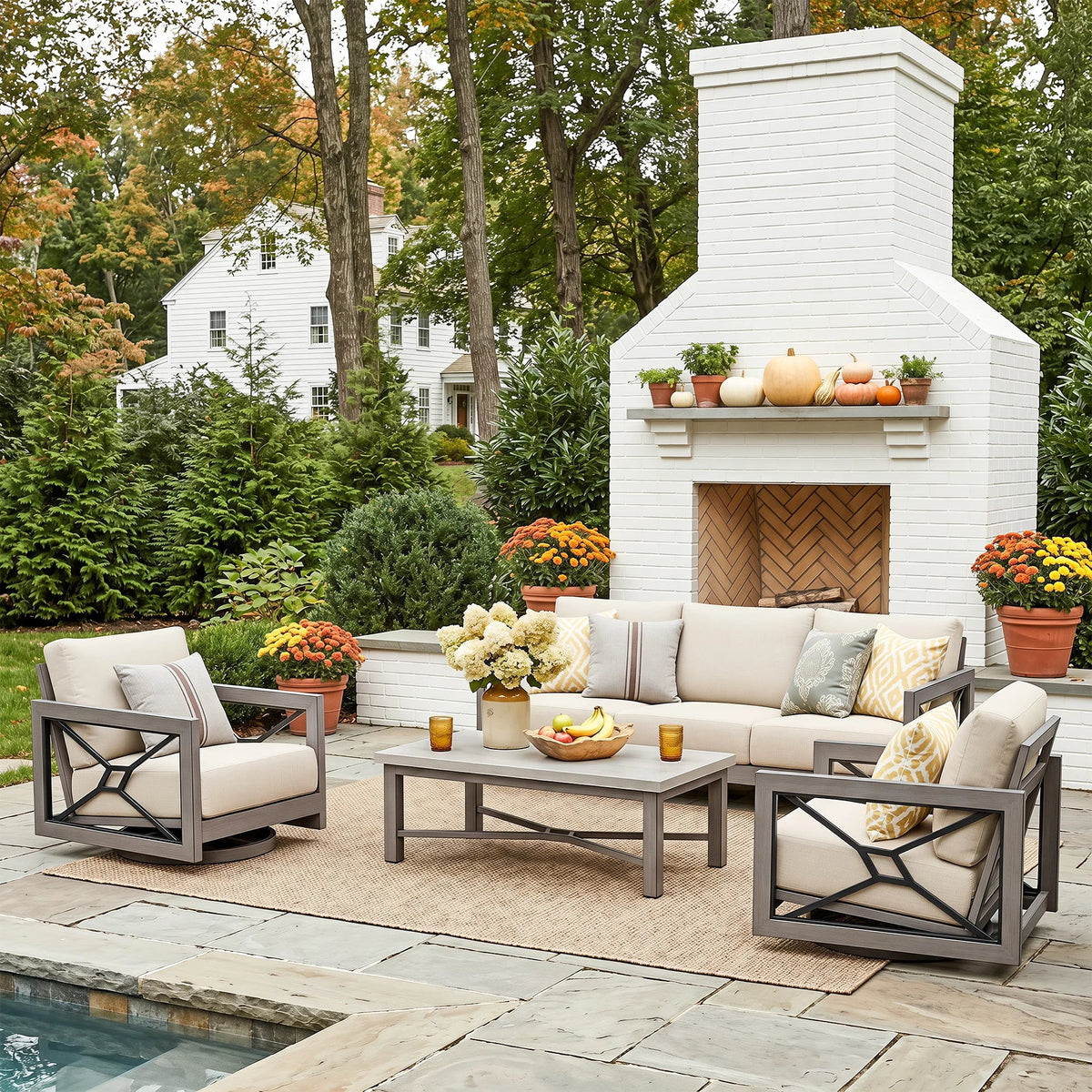 Marindo Modern Patio Swivel Furniture Set with Composite Concrete Coffee Table