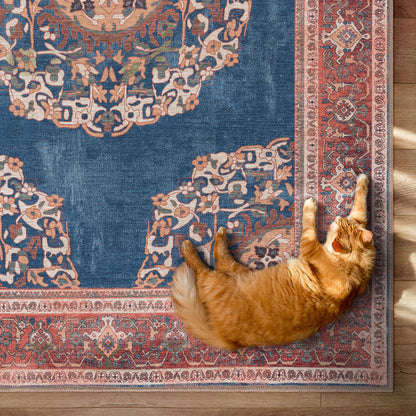 Navy Blue Brick Oushak Area Washable Rug