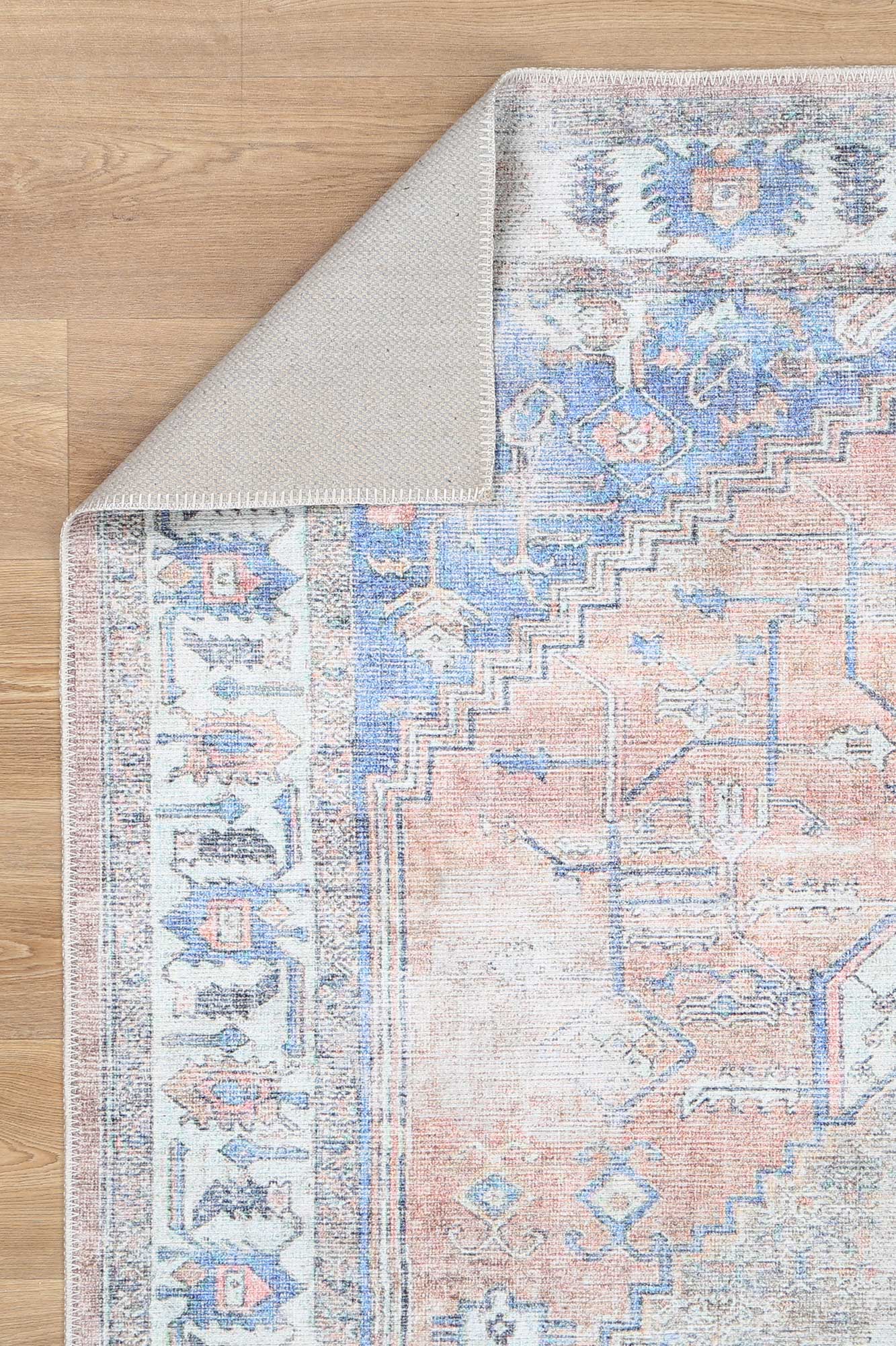 Distressed Vintage Pissarro Terracotta in Blue & Beige