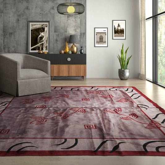 Endless Knots Tibetan Square Hand Knotted Wool Area Rug Aubergine 9'4'' x 9'6''