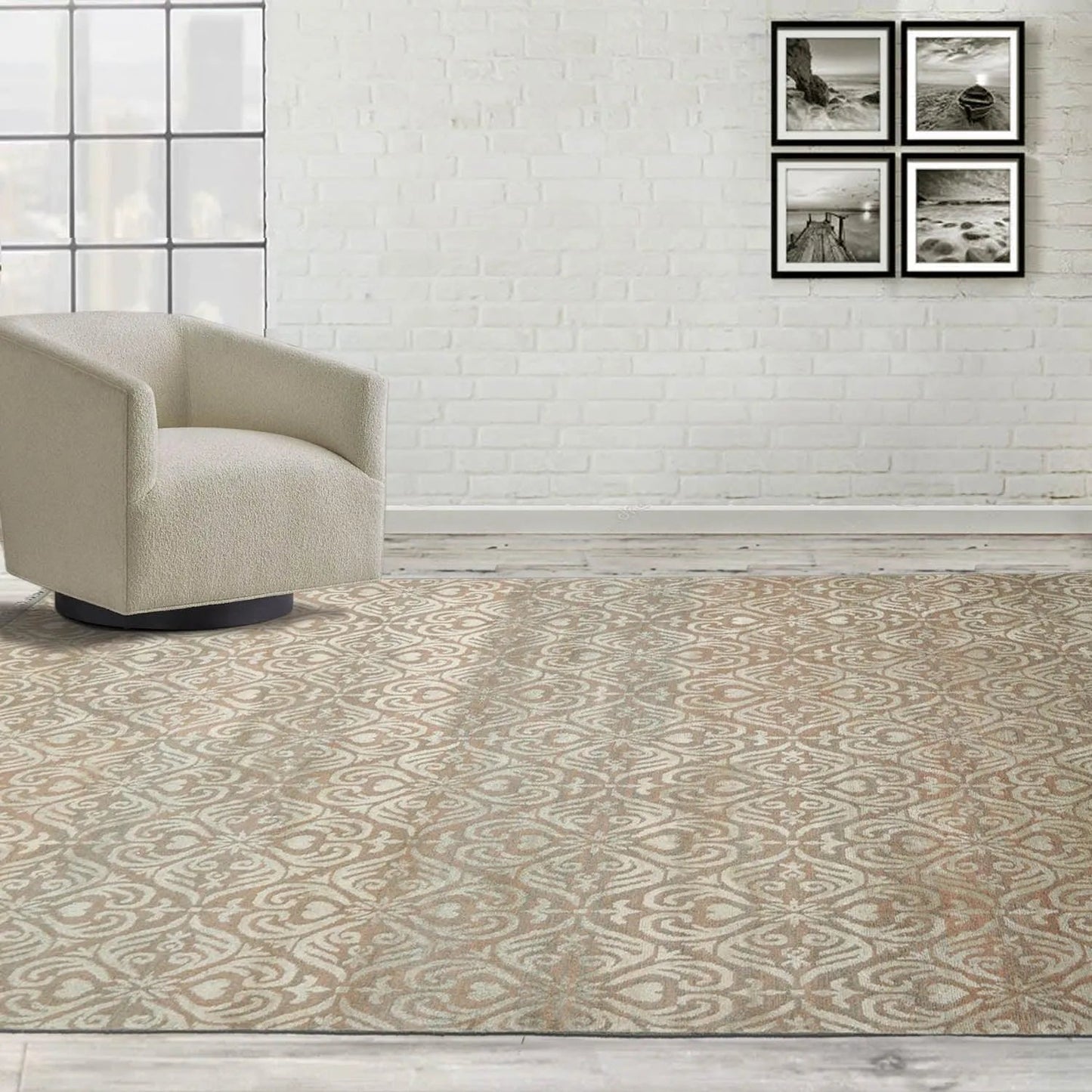 6x9 Aqua, Beige Hand Knotted Wool and Silk Tibetan Traditional Oriental Area Rug