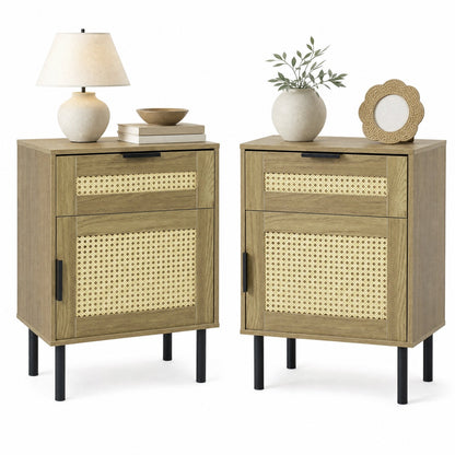 Rattan Nightstand Set of 2 with Drawer and Storage Cabinet
