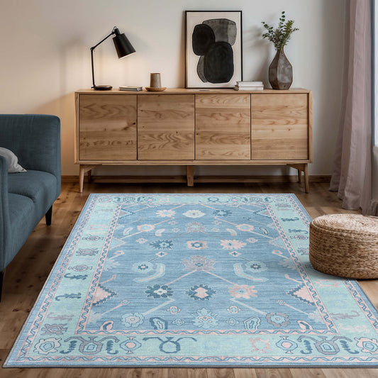 Teal Blue Oushak Area Washable Rug