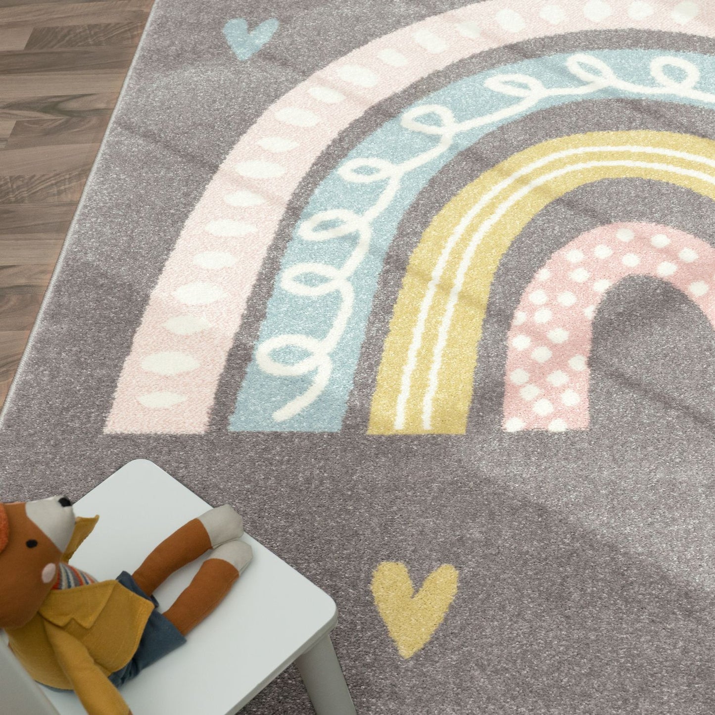 Kids Rug Nino with Rainbow and Hearts for Nursery in Grey