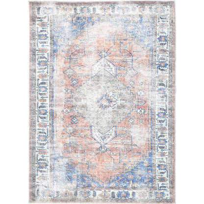 Distressed Vintage Pissarro Terracotta in Blue & Beige
