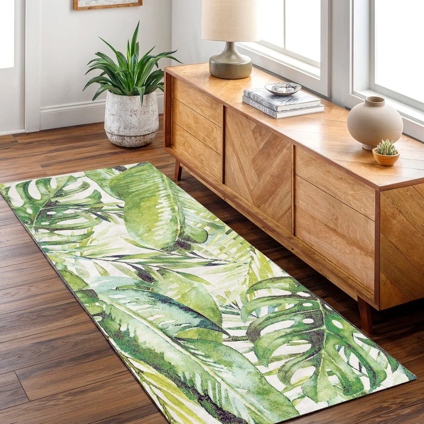 Wild Borneo Gorgeous Leaf Design in Green : Runner Rug