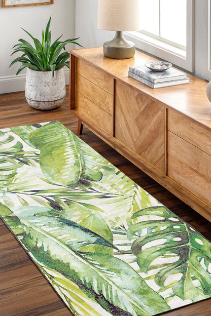 Wild Borneo Gorgeous Leaf Design in Green : Runner Rug