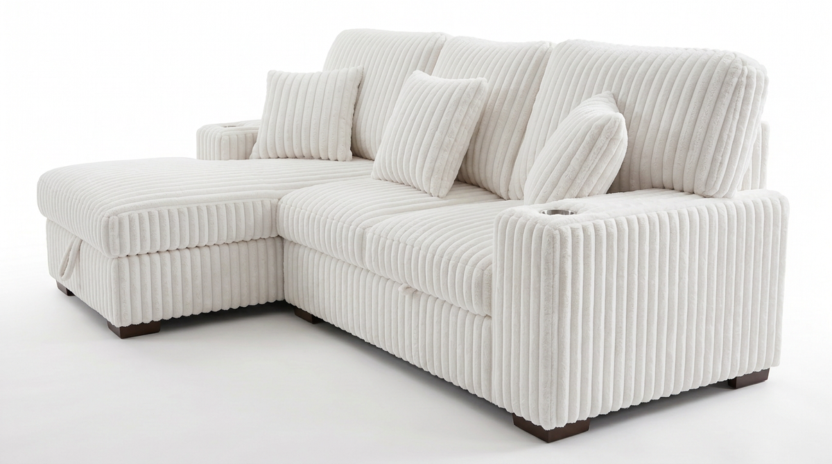 Venice Ivory Corduroy Storage Sleeper Sectional w/ Dual Cupholders & USB Ports