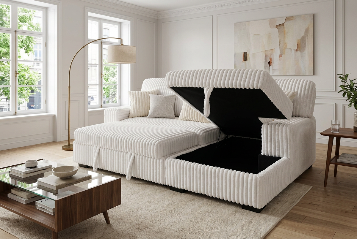 Venice Ivory Corduroy Storage Sleeper Sectional w/ Dual Cupholders & USB Ports