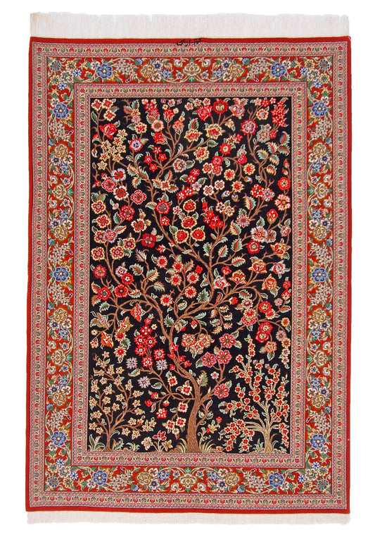 Persian Qom w. silk Tree of Life (4'05"x6'06") black/red