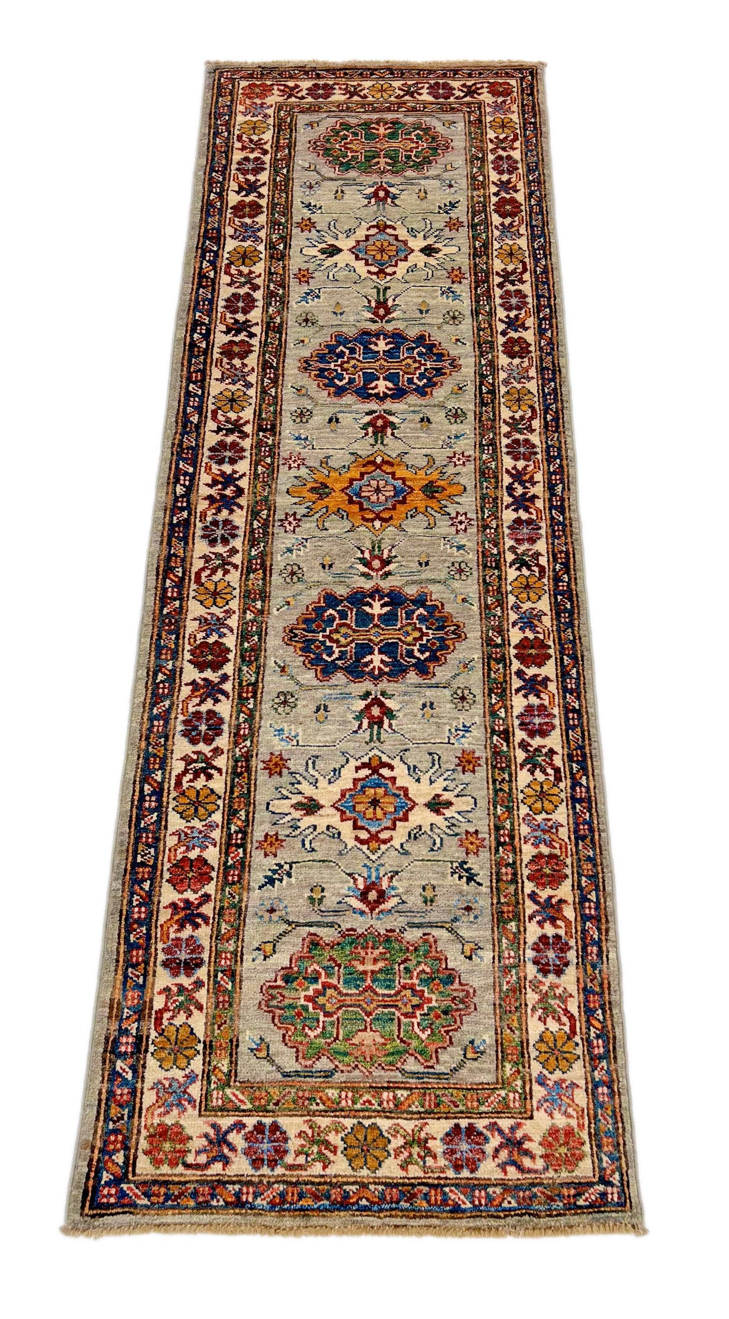 Super Kazak (2'00"x6'00") light gray/multicolor