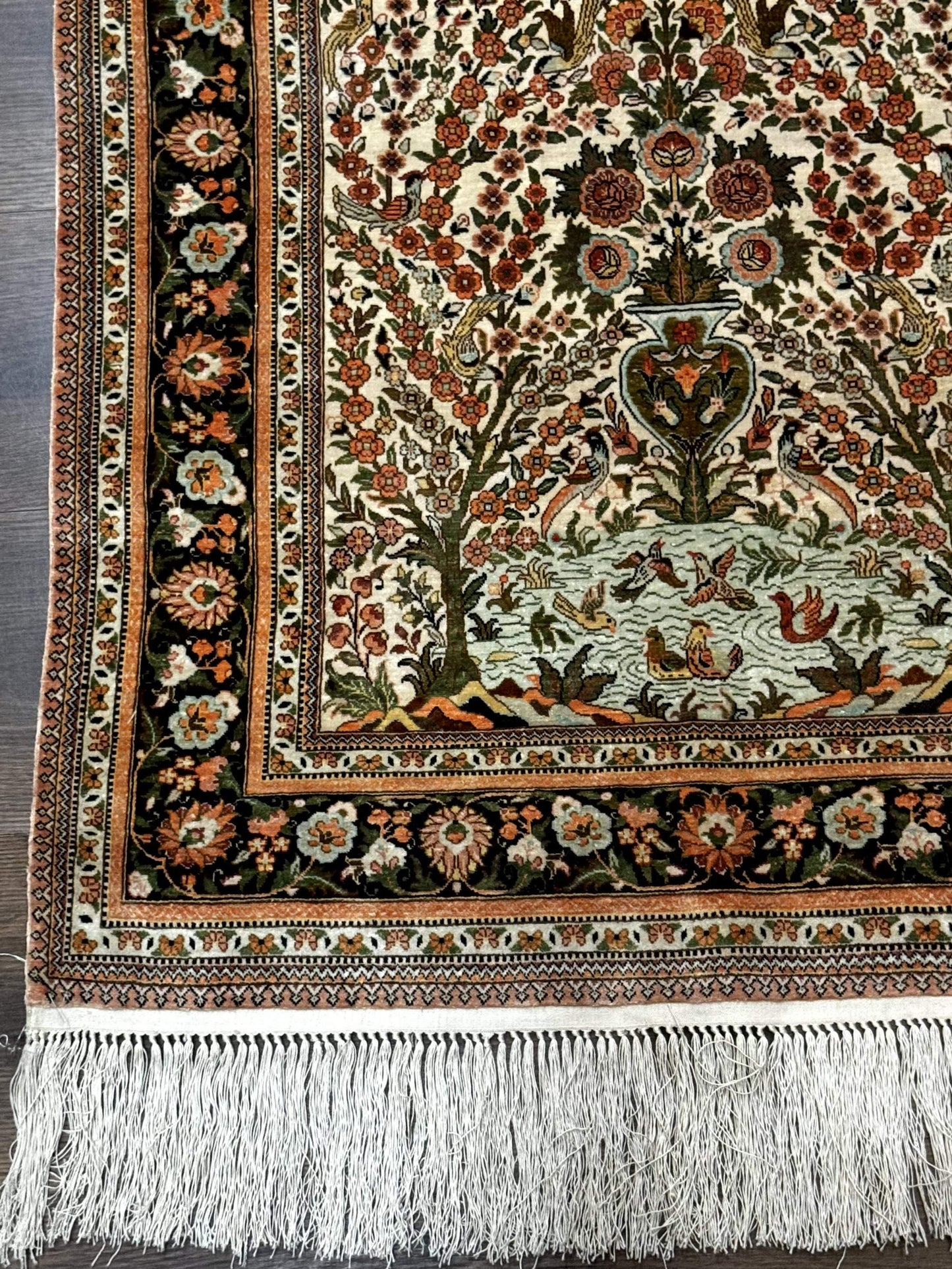 Exceptional Silk Rug 2.6 x 4, Very Fine 630 KPSI, Persian Vase Tree of Life Bird Pictorials, Handmade