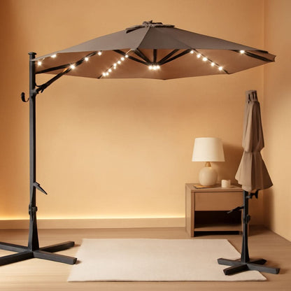 10 Foot Solar LED Cantilever Patio Umbrella With Lights Cross Base For Outdoor Use