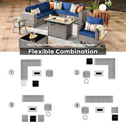 Nine Piece Outdoor Wicker Sofa Set With Fire Pit