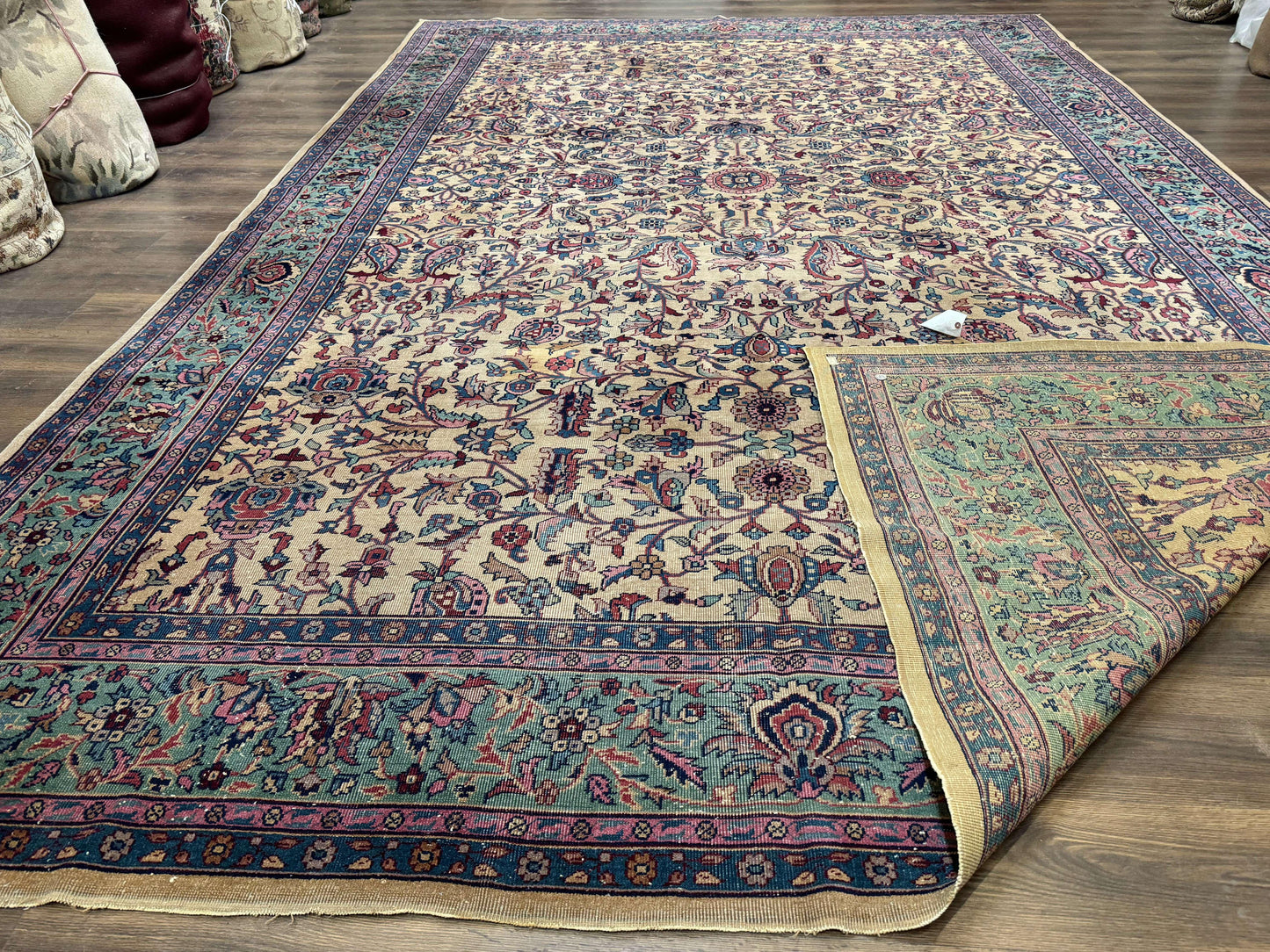 Antique Persian Rug 10x15, Camel and Cyan, Allover Pattern, Rare, Samarkand Rug