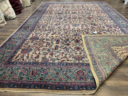 Antique Persian Rug 10x15, Camel and Cyan, Allover Pattern, Rare, Samarkand Rug