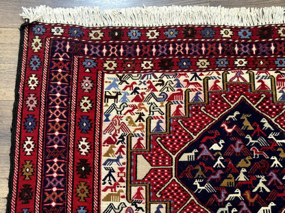 Persian Soumak Kilim Rug 4x6, Triple Medallions Tribal Pictorials, Caucasian Azerbaijani Kilim