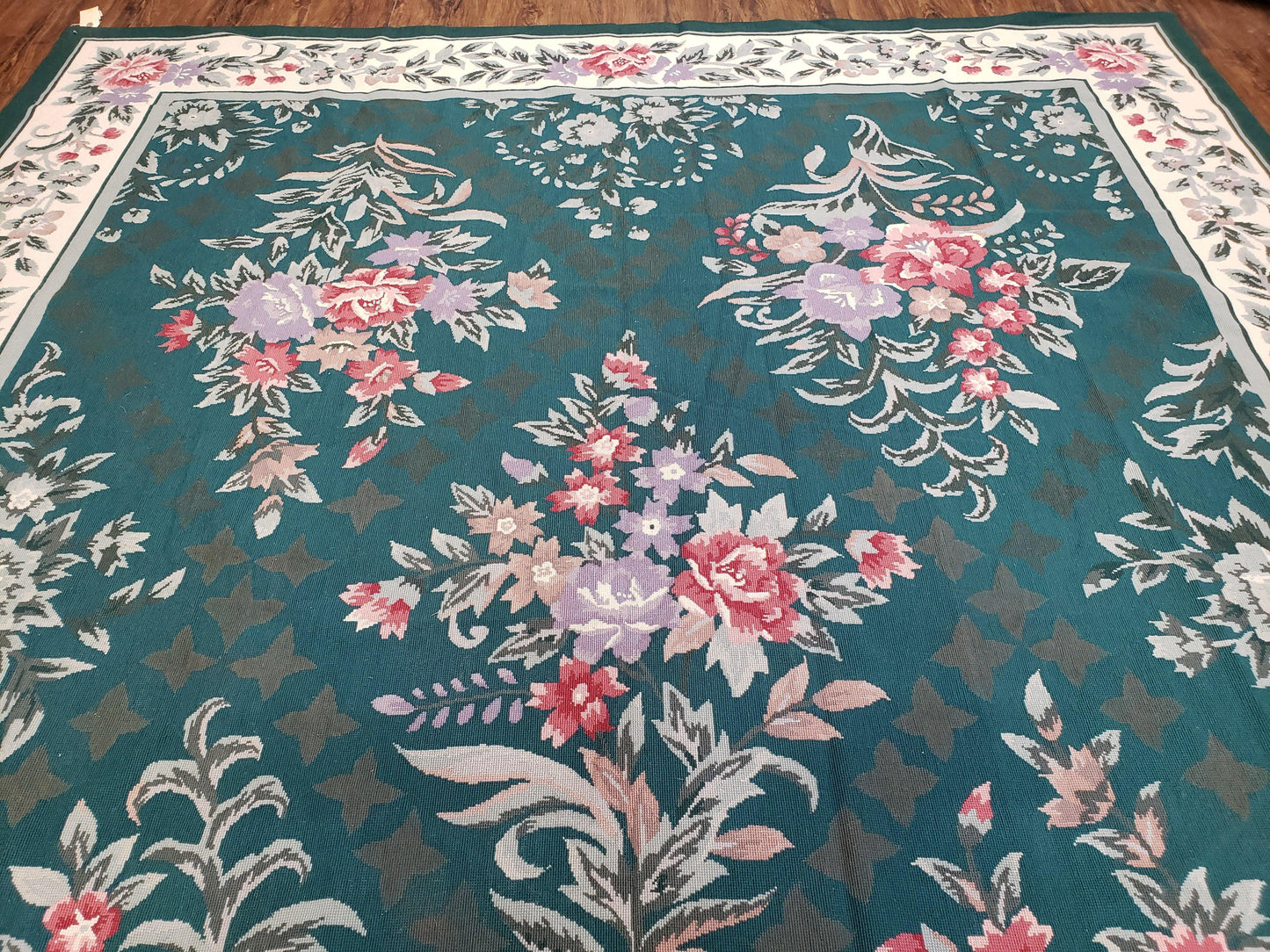 Chinese Needlepoint Rug 8x10, Vintage Green Area Rug, Hand-Woven Flatweave Floral European Design Carpet Wool Handmade 8x 10 Living Room Rug