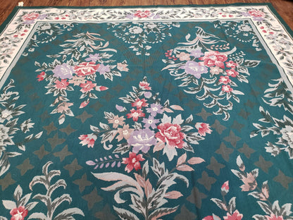 Chinese Needlepoint Rug 8x10, Vintage Green Area Rug, Hand-Woven Flatweave Floral European Design Carpet Wool Handmade 8x 10 Living Room Rug