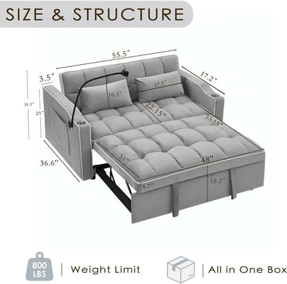 Grey Convertible Sleeper Loveseat Bed With ThreeInOne