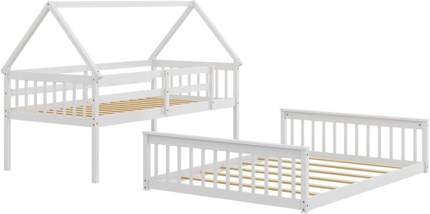 Solid Wood Twin Over Full Bunk Bed White With Guardrails