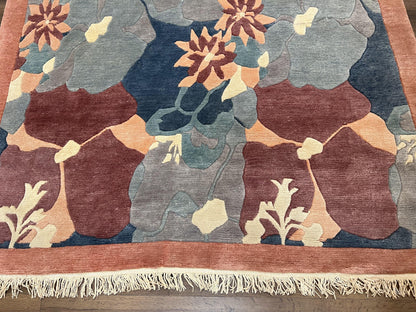 Modern Tibetan Rug 5.7 x 7.9, Abstract Multicolor Flower Pattern, Navy Blue Maroon Salmon, Soft Wool, Hand Knotted Contemporary Carpet 6x8