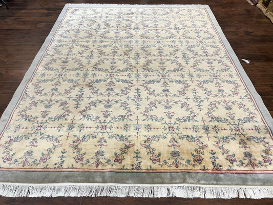 Sino Persian Rug 8x10, Floral, Oatmeal and Light Teal, Handmade Wool Vintage Carpet