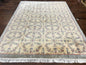 Sino Persian Rug 8x10, Floral, Oatmeal and Light Teal, Handmade Wool Vintage Carpet