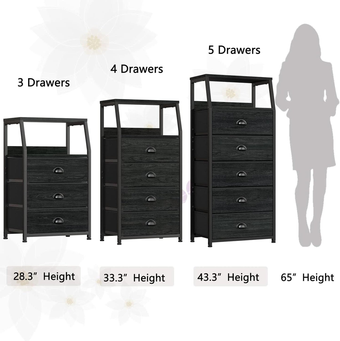 Black Night Stand With 3 Fabric Drawers And 2 Tier Shelf