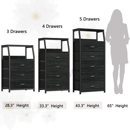 Black Night Stand With 3 Fabric Drawers And 2 Tier Shelf