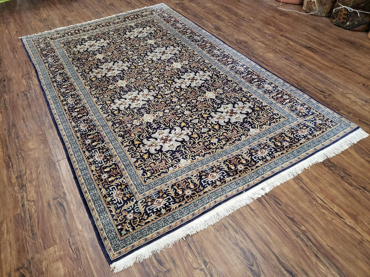 Semi-Antique Persian Kashan Rug, Midnight Blue & Ivory, Hand-Knotted, Wool, 4' 8" x 7' 4", Pair A