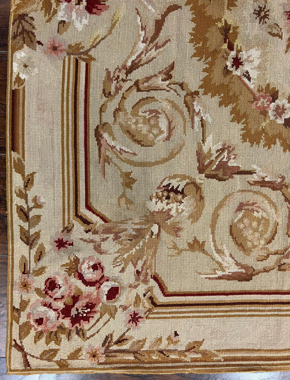 Aubusson Needlepoint Rug 4x5 ft, Beige and Tan, Aubusson Savonnerie Vintage Carpet, Handwoven Handmade Wool Rug, European Design Floral Rose