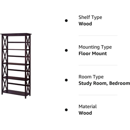 Espresso Montego Five Shelf Bookcase With X Design