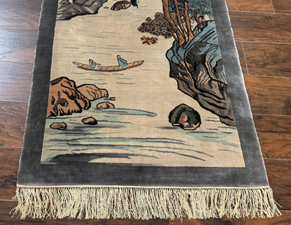 Chinese Silk Wall Hanging 3x5, Handmade, River and Boat Scene, Rug Tapestry