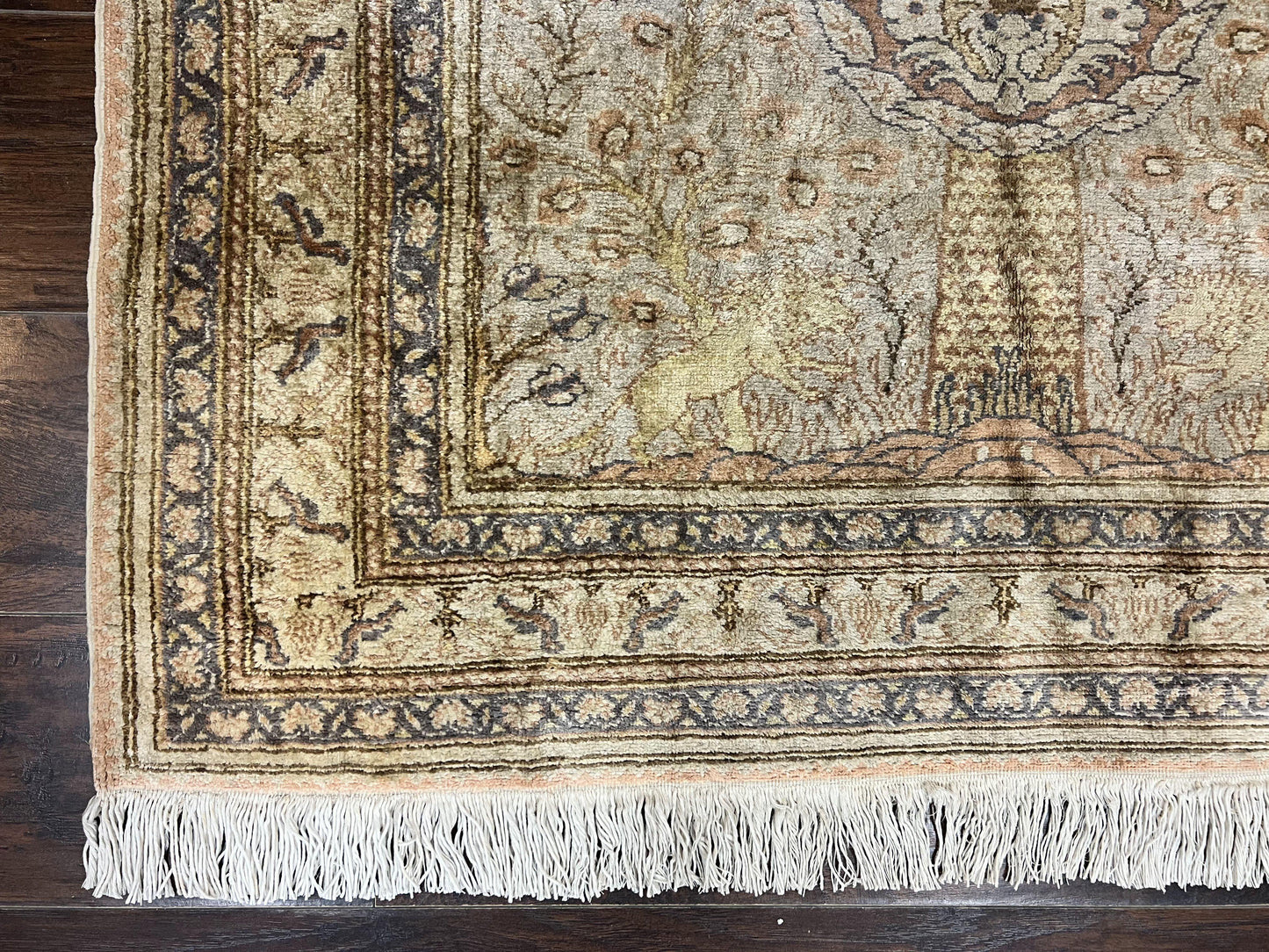 Turkish Kayseri Silk Rug 4x6, Tree of Life Pattern, Vintage Handmade Hand Knotted Carpet, Animal Pictorials, Birds