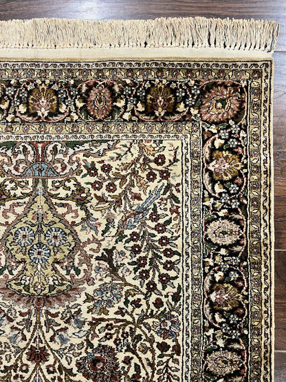 Turkish Kayseri Silk Rug 3x5, Tree of Life Silk Oriental Carpet, Birds Persian Vase Design, Hand Knotted Vintage Fine Rug, 340 KPSI