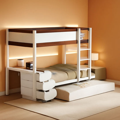 Twin Over Twin Bunk Bed With Desk USB Ports White Walnut