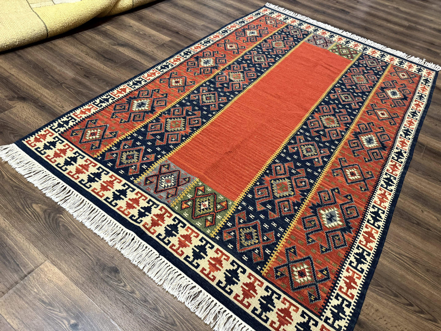 Turkish Kilim Rug 5x8, Flatweave Carpet, Handmade Bohemian Rug, Terracotta and Navy Blue