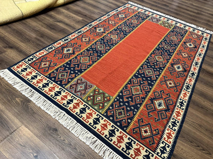 Turkish Kilim Rug 5x8, Flatweave Carpet, Handmade Bohemian Rug, Terracotta and Navy Blue