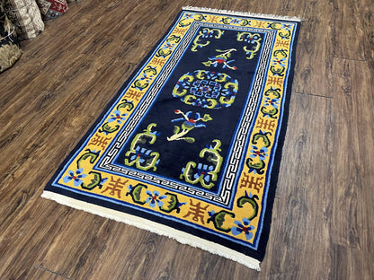 Chinese Art Deco Rug 3 x 5.9, Handmade Chinese Peking Carpet, Dark Blue and Gold, Medallion, Asian Oriental 3x6 Hand Knotted Vintage Rug
