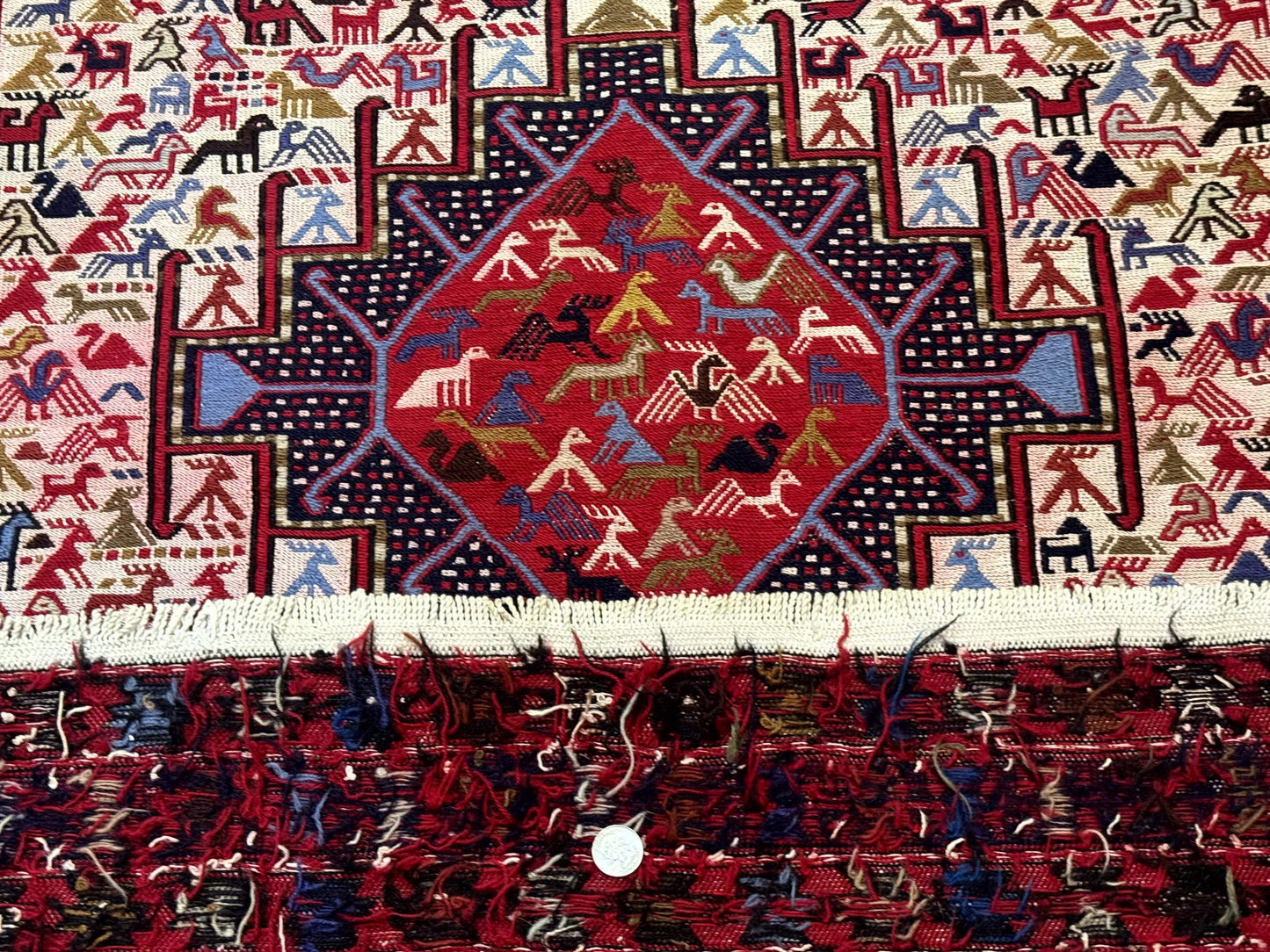 Persian Soumak Kilim Rug 4x6, Triple Medallions Tribal Pictorials, Caucasian Azerbaijani Kilim