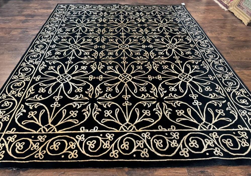 Tibetan Rug 8x10, Wool and Silk, Raised Pattern, Black and Gold, Floral