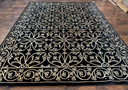 Tibetan Rug 8x10, Wool and Silk, Raised Pattern, Black and Gold, Floral