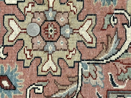 Indo Persian Rug 9x12, Vintage Handmade Wool Carpet, Repeated Allover Motif, Navy Blue and Pink